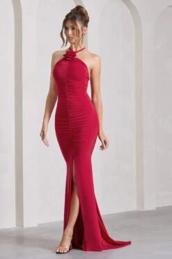 Holly | Red Ruched Halter-Neck Split Fishtail Maxi Dress 11 Holly | Red Ruched Halter-Neck Split Fishtail Maxi Dress -Sangyong Store WB CL132041004 HollyRedRuchedHalter NeckSplitFishtailMaxiDress4