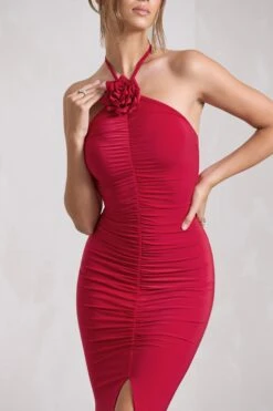 Holly | Red Ruched Halter-Neck Split Fishtail Maxi Dress 9 Holly | Red Ruched Halter-Neck Split Fishtail Maxi Dress -Sangyong Store WB CL132041004 HollyRedRuchedHalter NeckSplitFishtailMaxiDress6