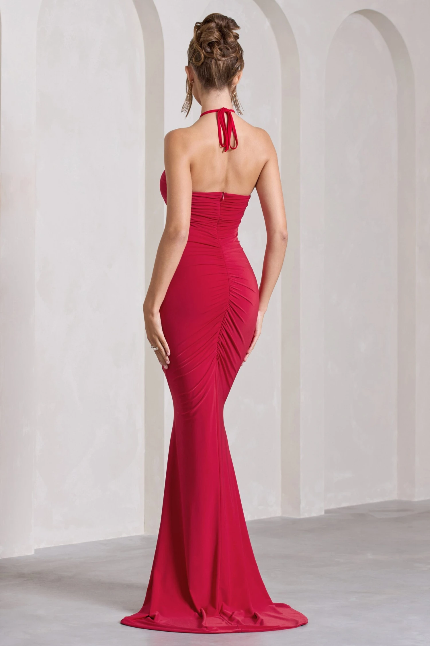Holly | Red Ruched Halter-Neck Split Fishtail Maxi Dress 4 Holly | Red Ruched Halter-Neck Split Fishtail Maxi Dress - Image 2