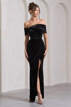 Blessing | Black Velvet Bardot Wrap Maxi Dress -Sangyong Store WB CL132044003 BlessingBlackVelvetBardotWrapMaxiDress3