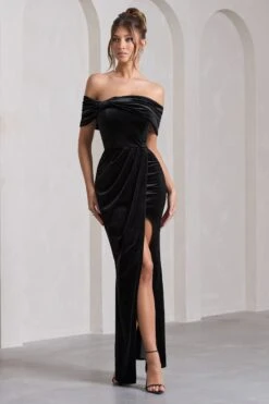 Blessing | Black Velvet Bardot Wrap Maxi Dress -Sangyong Store WB CL132044003 BlessingBlackVelvetBardotWrapMaxiDress5
