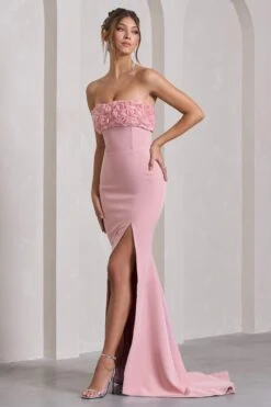 Allegra | Pink Bandeau Split Fishtail Maxi Dress With Flowers -Sangyong Store WB CL132045112 AllegraPinkBandeauSplitFishtailMaxiDressWithFlowers2