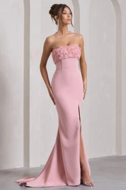 Allegra | Pink Bandeau Split Fishtail Maxi Dress With Flowers -Sangyong Store WB CL132045112 AllegraPinkBandeauSplitFishtailMaxiDressWithFlowers4