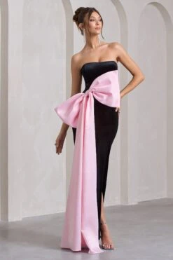 Best Wishes | Black Velvet Bandeau Split Maxi Dress With Oversized Pink Bow -Sangyong Store WB CL132047002 BestWishesBlackVelvetBandeauSplitMaxiDressWithOversizedPinkBow1