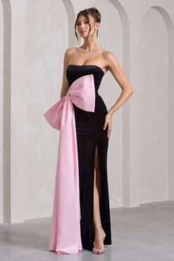 Best Wishes | Black Velvet Bandeau Split Maxi Dress With Oversized Pink Bow -Sangyong Store WB CL132047002 BestWishesBlackVelvetBandeauSplitMaxiDressWithOversizedPinkBow5