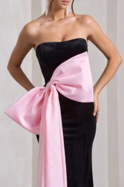 Best Wishes | Black Velvet Bandeau Split Maxi Dress With Oversized Pink Bow -Sangyong Store WB CL132047002 BestWishesBlackVelvetBandeauSplitMaxiDressWithOversizedPinkBow6