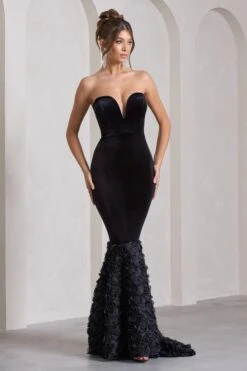 Whirling | Black Velvet Sweetheart Fishtail Maxi Dress With Flowers -Sangyong Store WB CL132051002 WhirlingBlackVelvetSweetheartFishtailMaxiDressWithFlowers0