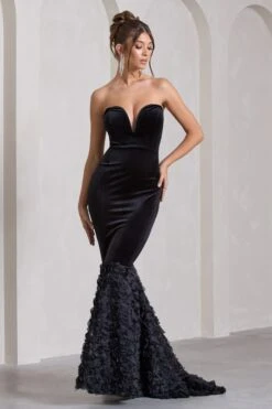 Whirling | Black Velvet Sweetheart Fishtail Maxi Dress With Flowers -Sangyong Store WB CL132051002 WhirlingBlackVelvetSweetheartFishtailMaxiDressWithFlowers4