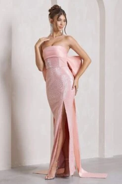 To You | Pink Sequin Bandeau Split Maxi Dress With Oversized Bow -Sangyong Store WB CL132052114 ToYouPinkSequinBandeauSplitMaxiDressWithOversizedBow10