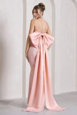 To You | Pink Sequin Bandeau Split Maxi Dress With Oversized Bow -Sangyong Store WB CL132052114 ToYouPinkSequinBandeauSplitMaxiDressWithOversizedBow2