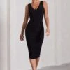 Out Of Love | Black Ruched Bodycon Plunge-Neck Midi Dress -Sangyong Store WB CL132053002 OutOfLoveBlackRuchedBodyconPlunge NeckMidiDress0