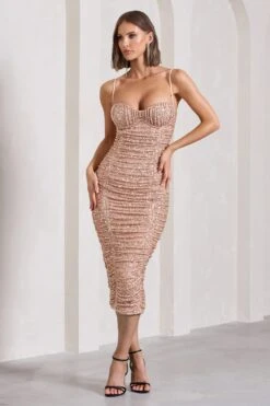 New Energy | Gold Sequin Strappy Ruched Bodycon Midi Dress -Sangyong Store WB CL132055007 NewEnergyGoldSequinStrappyRuchedBodyconMidiDress0