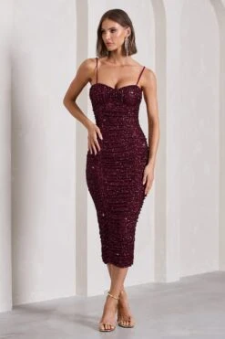 New Energy | Plum Sequin Strappy Ruched Bodycon Midi Dress -Sangyong Store WB CL132055101 NewEnergyPlumSequinStrappyRuchedBodyconMidiDress1