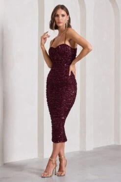 New Energy | Plum Sequin Strappy Ruched Bodycon Midi Dress -Sangyong Store WB CL132055101 NewEnergyPlumSequinStrappyRuchedBodyconMidiDress5