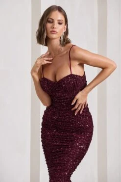 New Energy | Plum Sequin Strappy Ruched Bodycon Midi Dress -Sangyong Store WB CL132055101 NewEnergyPlumSequinStrappyRuchedBodyconMidiDress9