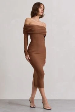 Intercept | Brown Bodycon Bardot Tie-Back Midi Dress -Sangyong Store WB CL132260173 InterceptBrownBodyconBardotTie BackMidiDress6