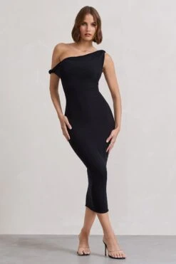 Salome | Black Twisted Asymmetric Midi Dress