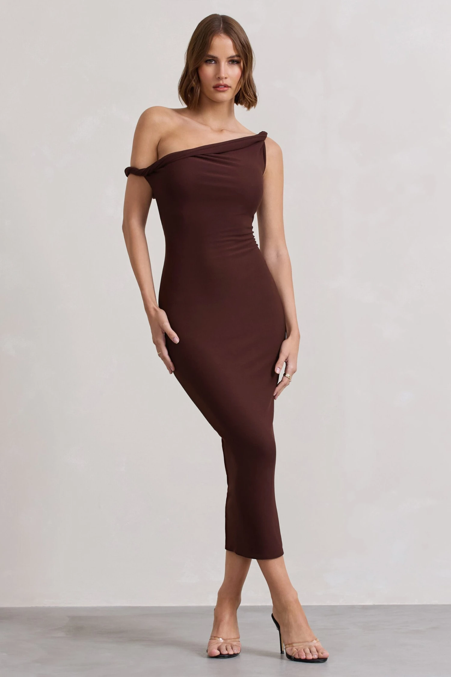 Salome | Chocolate Brown Twisted Asymmetric Midi Dress 6 Salome | Chocolate Brown Twisted Asymmetric Midi Dress - Image 4