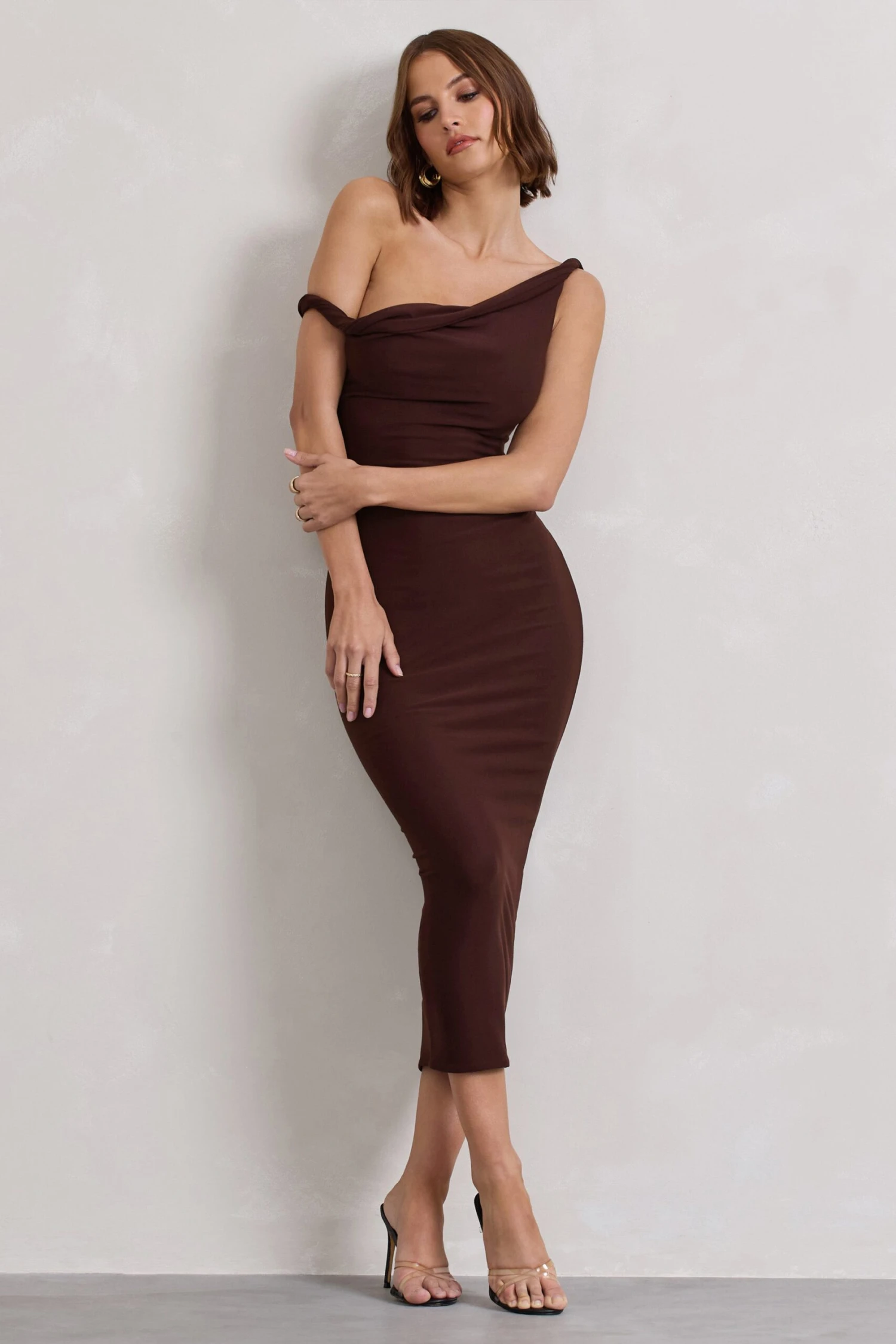 Salome | Chocolate Brown Twisted Asymmetric Midi Dress 3 Salome | Chocolate Brown Twisted Asymmetric Midi Dress