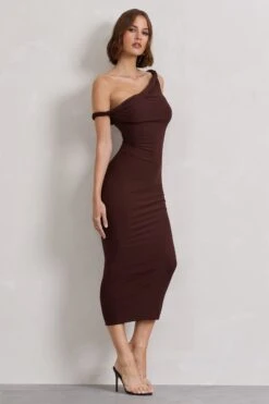 Salome | Chocolate Brown Twisted Asymmetric Midi Dress 14 Salome | Chocolate Brown Twisted Asymmetric Midi Dress -Sangyong Store WB CL132261171 SalomeChocolateBrownTwistedAsymmetricMidiDress6