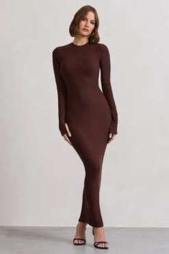 Wonder | Chocolate Brown Bodycon Long-Sleeve Maxi Dress -Sangyong Store WB CL132264171 WonderChocolateBrownBodyconLong SleeveMaxiDress4