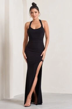 Idol | Black Halter-Neck Split Maxi Dress -Sangyong Store WB CL133019002 IdolBlackHalter NeckSplitMaxiDress0