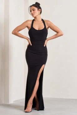 Idol | Black Halter-Neck Split Maxi Dress -Sangyong Store WB CL133019002 IdolBlackHalter NeckSplitMaxiDress1