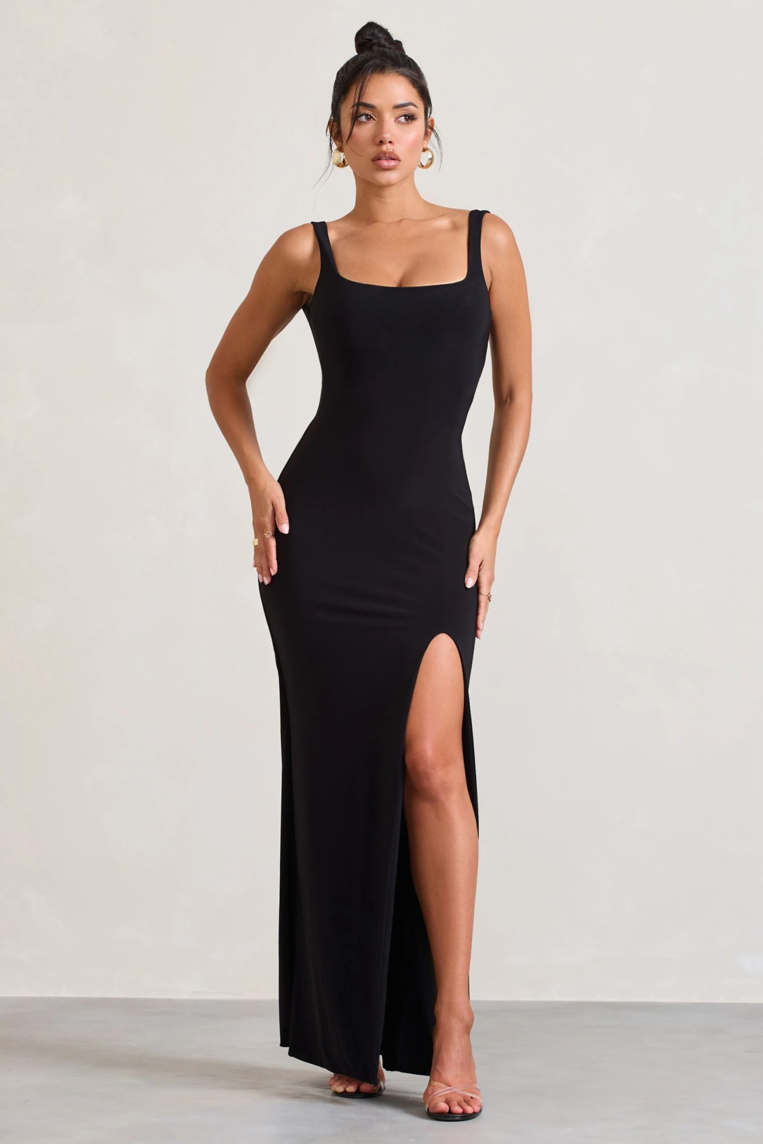 Elle | Black Square-Neck Open-Back Split Maxi Dress 6 Elle | Black Square-Neck Open-Back Split Maxi Dress - Image 4
