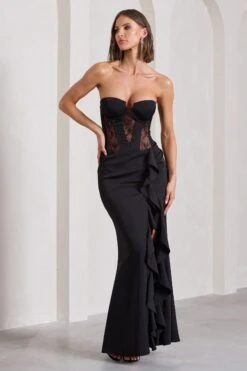 Attention Please | Black Strapless Lace Panelled Corset Split Maxi Dress -Sangyong Store WB CL133022002 AttentionPleaseBlackStraplessLacePanelledCorsetSplitMaxiDress2