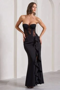 Attention Please | Black Strapless Lace Panelled Corset Split Maxi Dress -Sangyong Store WB CL133022002 AttentionPleaseBlackStraplessLacePanelledCorsetSplitMaxiDress4