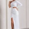 Reflection | White Embellished Cut-Out Asymmetric Split Maxi Dress -Sangyong Store WB CL133025013 ReflectionSilverEmbellishedCut OutAsymmetricSplitMaxiDress0