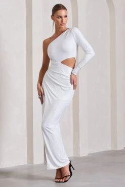 Reflection | White Embellished Cut-Out Asymmetric Split Maxi Dress -Sangyong Store WB CL133025013 ReflectionSilverEmbellishedCut OutAsymmetricSplitMaxiDress4