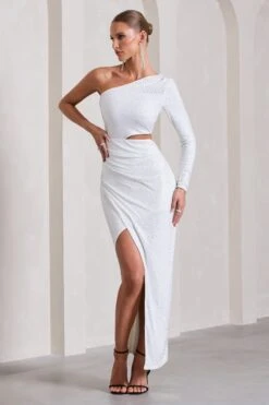Reflection | White Embellished Cut-Out Asymmetric Split Maxi Dress -Sangyong Store WB CL133025013 ReflectionSilverEmbellishedCut OutAsymmetricSplitMaxiDress5