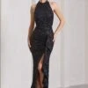 Under The Stars | Black Sequin High-Neck Open-Back Maxi Dress With Drape -Sangyong Store WB CL133029002 UnderTheStarsBlackSequinHigh NeckOpen BackMaxiDressWithDrape0