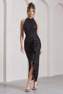 Under The Stars | Black Sequin High-Neck Open-Back Maxi Dress With Drape -Sangyong Store WB CL133029002 UnderTheStarsBlackSequinHigh NeckOpen BackMaxiDressWithDrape3