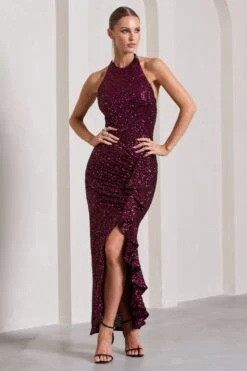 Under The Stars | Plum Sequin High-Neck Open-Back Maxi Dress With Drape -Sangyong Store WB CL133029101 UnderTheStarsPlumSequinHigh NeckOpen BackMaxiDressWithDrape0