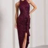 Under The Stars | Plum Sequin High-Neck Open-Back Maxi Dress With Drape 1 Under The Stars | Plum Sequin High-Neck Open-Back Maxi Dress With Drape -Sangyong Store WB CL133029101 UnderTheStarsPlumSequinHigh NeckOpen BackMaxiDressWithDrape4