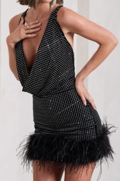 Mirror Me | Black Velvet Embellished Cowl-Neck Mini Dress With Feather Trim -Sangyong Store WB CL133034002 MirrorMeBlackVelvetEmbellishedCowl NeckMiniDressWithFeatherTrim12