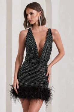 Mirror Me | Black Velvet Embellished Cowl-Neck Mini Dress With Feather Trim -Sangyong Store WB CL133034002 MirrorMeBlackVelvetEmbellishedCowl NeckMiniDressWithFeatherTrim5