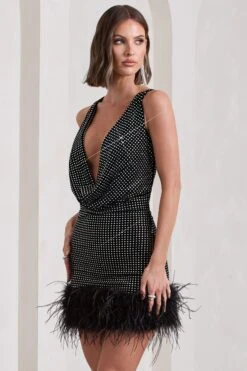 Mirror Me | Black Velvet Embellished Cowl-Neck Mini Dress With Feather Trim -Sangyong Store WB CL133034002 MirrorMeBlackVelvetEmbellishedCowl NeckMiniDressWithFeatherTrim9