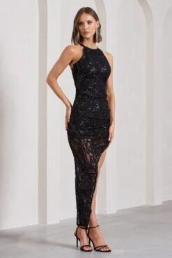 Caught My Eye | Black Sequin Asymmetric Strappy Maxi Dress -Sangyong Store WB CL133037002 CaughtMyEyeBlackSequinAsymmetricStrappyMaxiDressWithFlower7