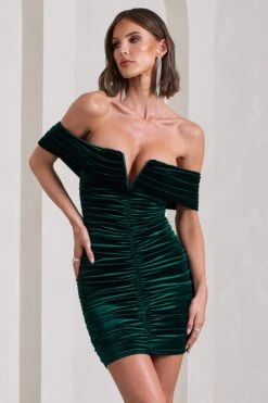 Little Glint | Bottle Green Velvet Ruched Bardot V-Neck Mini Dress -Sangyong Store WB CL133038047 LittleGlintBottleGreenVelvetRuchedBardotV NeckMiniDress4copy