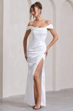 Kimberly | White Bardot Fishtail Satin Maxi Dress -Sangyong Store WB CL133076005 KimberlyWhiteBardotFishtailSatinMaxiDress1