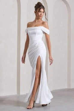 Kimberly | White Bardot Fishtail Satin Maxi Dress