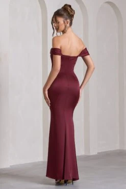 Kimberly | Burgundy Bardot Fishtail Satin Maxi Dress 10 Kimberly | Burgundy Bardot Fishtail Satin Maxi Dress -Sangyong Store WB CL133076101 KimberlyBurgundyBardotFishtailSatinMaxiDress10