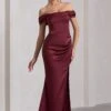Kimberly | Burgundy Bardot Fishtail Satin Maxi Dress 2 Kimberly | Burgundy Bardot Fishtail Satin Maxi Dress -Sangyong Store WB CL133076101 KimberlyBurgundyBardotFishtailSatinMaxiDress3