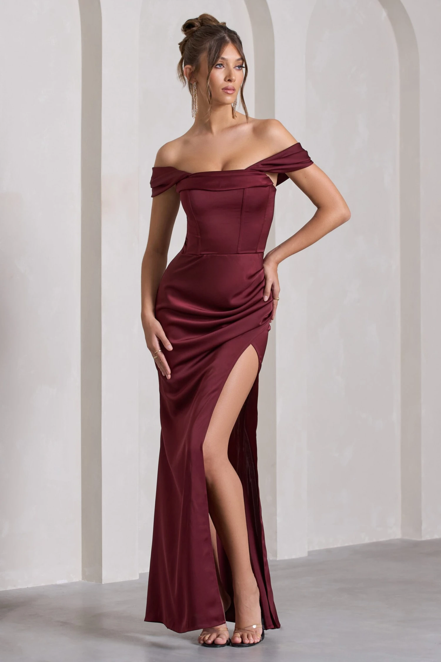 Kimberly | Burgundy Bardot Fishtail Satin Maxi Dress 5 Kimberly | Burgundy Bardot Fishtail Satin Maxi Dress - Image 3