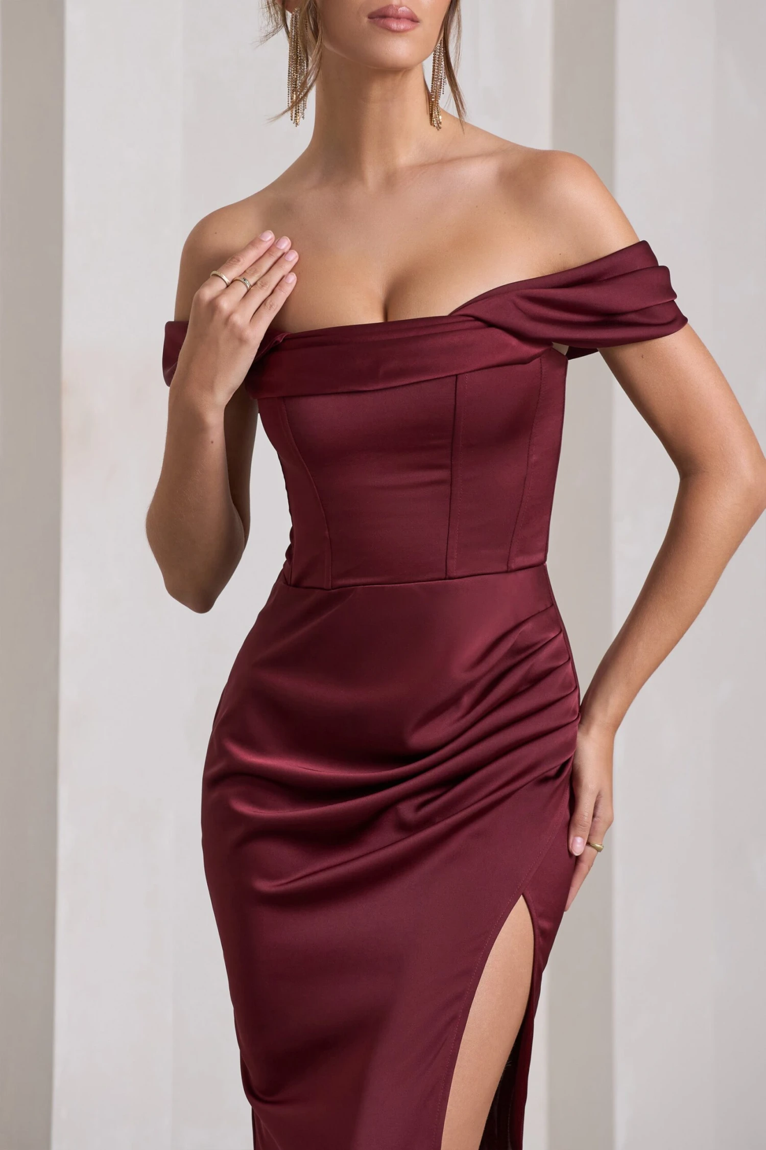 Kimberly | Burgundy Bardot Fishtail Satin Maxi Dress 7 Kimberly | Burgundy Bardot Fishtail Satin Maxi Dress - Image 5