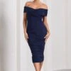 Amanda | Navy Twisted Wrap Bardot Midi Dress