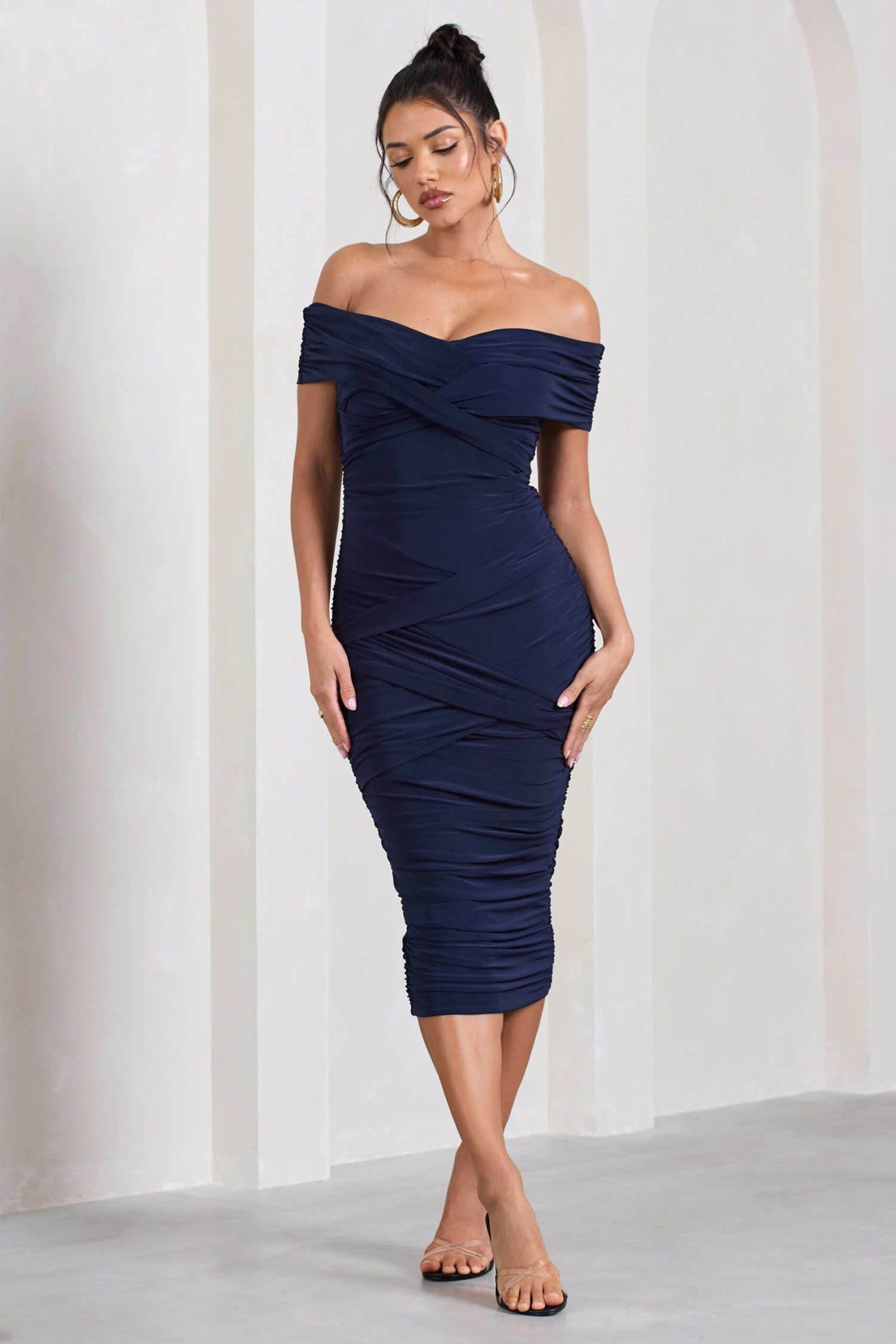 Amanda | Navy Twisted Wrap Bardot Midi Dress 3 Amanda | Navy Twisted Wrap Bardot Midi Dress